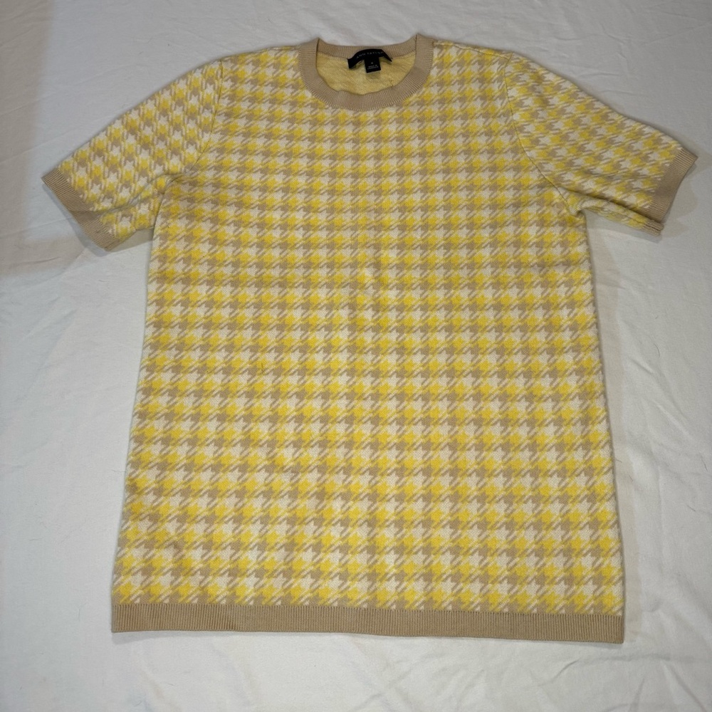 Ann Taylor Yellow and Cream Houndstooth Knit Sweater